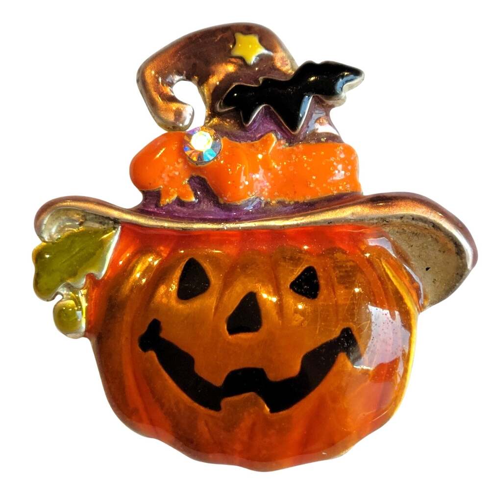 Halloween Pumpkin Brooch Pin Jack-O'-Lantern Bat Hat Enamel 1.54" Wide AJMC